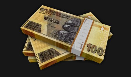 Simbabwe Geld Simbabwische Dollar Geldpaket 3D-Illustration. 100 ZWL Banknotenbündel stapeln sich. Konzept von Finanzen, Bargeld, Wirtschaftskrise, Unternehmenserfolg, Rezession, Banken, Steuern und Schulden.