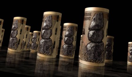 Simbabwe Geld Simbabwische Dollar Geld ROLLS 3D Illustration. 100-ZWL-Banknote gerollt Konzept von Finanzen, Bargeld, Wirtschaftskrise, Unternehmenserfolg, Rezession, Banken, Steuern und Schulden.