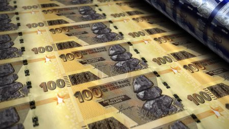 Dólares zimbabuenses impresión de dinero 3d ilustración. Impresión de billetes de 100 ZWL. Concepto de finanzas, efectivo, crisis económica, éxito empresarial, recesión, banca, impuestos y deuda en Zimbabue.