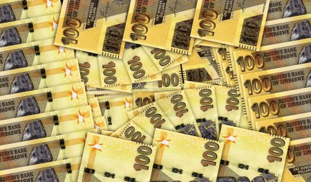 Simbabwe-Dollar-Banknoten im Muster eines Cash-Fan-Mosaiks. Simbabwische ZWL 100 Geldscheine. Abstraktes Konzept der Bank, Finanzen, Wirtschaft dekorative Design Hintergrund 3D-Illustration.