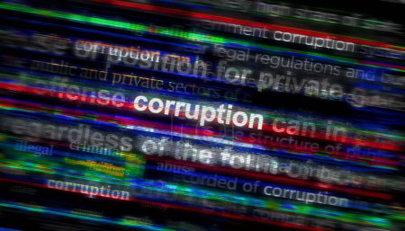 Corruption bribery and payola headline news across international media. Abstract concept of news titles on noise displays. TV glitch effect 3d illustration.