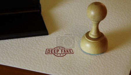 Deep fake hoax stamp and stamping hand. Fake news ai manipulation symbol concept.