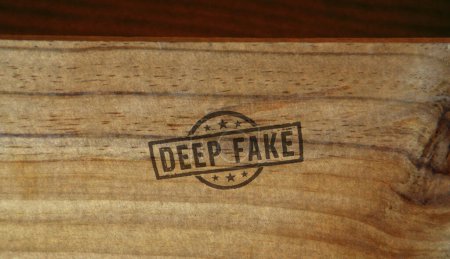 Sello de engaño falso profundo impreso en caja de madera. Falsas noticias ai concepto de símbolo de manipulación.