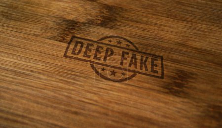 Deep fake hoax stamp printed on wooden box. Fake news ai manipulation symbol concept.