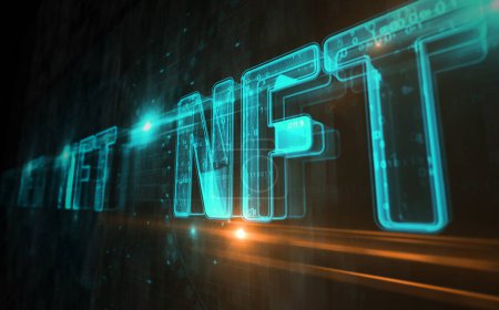 NFT non-fungible token crypto artwork investment symbol digital concept. Network, cyber technology sign and computer background abstract icon 3d illustration.