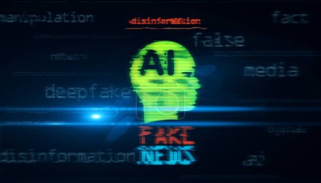 Fake-News-Schwindel und Desinformationssymboltechnologie. Abstraktes Zeichen auf Pannen-Bildschirmen 3D-Illustration.