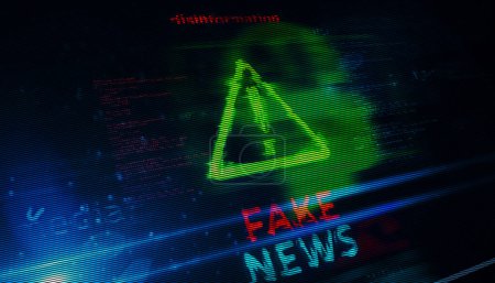 Fake-News-Schwindel und Desinformationssymboltechnologie. Abstraktes Zeichen auf Pannen-Bildschirmen 3D-Illustration.