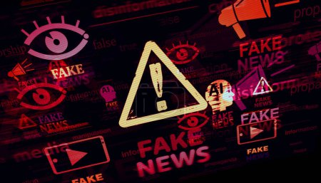 Fake news hoax and disinformation symbol technology concept. Abstract sign on glitch screens 3d illustration.