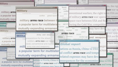 Wettrüsten und militärische Aufrüstungskonflikte machen Schlagzeilen in den internationalen Medien. Abstraktes Konzept von Nachrichtentiteln auf Rauschdisplays. TV-Panne Effekt 3D-Illustration.