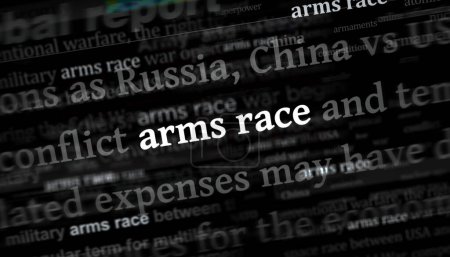 Arms race and military armaments conflict headline news across international media. Abstract concept of news titles on noise displays. TV glitch effect 3d illustration.