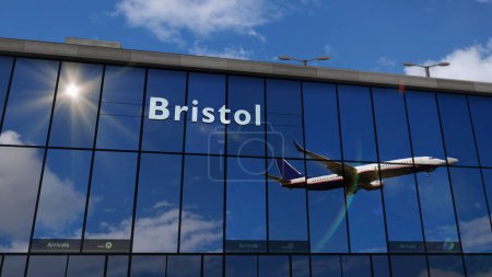 Aéronefs atterrissant à Bristol, Royaume-Uni, GB, Angleterre illustration de rendu 3D. Arrivée dans la ville avec le terminal de l'aéroport de verre et réflexion de l'avion à réaction. Voyages, affaires, tourisme et transports.