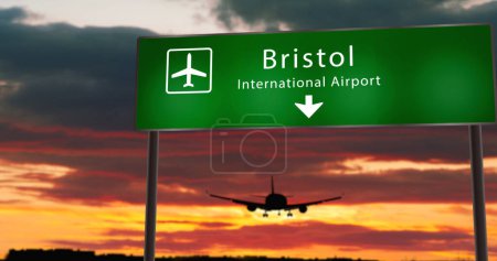 Silhouette d'avion atterrissant à Bristol, Royaume-Uni, GB, Angleterre. Arrivée en ville avec panneau de direction de l'aéroport et coucher de soleil en arrière-plan. Concept de voyage et de transport Illustration 3D.