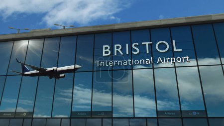 Landung eines Flugzeugs in Bristol, UK, GB, England 3D-Darstellung. Ankunft in der Stadt mit dem gläsernen Flughafenterminal und dem Spiegelbild eines Düsenflugzeugs. Reisen, Unternehmen, Tourismus und Transport.