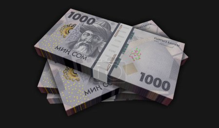 Kirghizistan argent Kirghizistan soms paquet d'argent illustration 3D. Paquet de billets de 1000 KGS. Concept de finance, trésorerie, crise économique, succès des entreprises, récession, banque, fiscalité et dette.