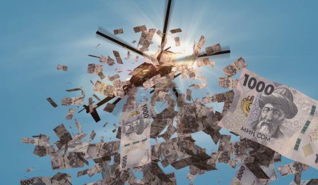 Kyrgyzstan som billets de banque hélicoptère perte d'argent. Kirghizistan KGS 1000 notes abstrait concept 3D de l'inflation, l'impression de monnaie, la finance, l'économie, la crise et l'assouplissement quantitatif illustration.