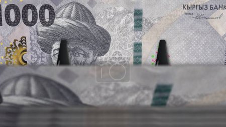 Kirghizistan argent Kirghizistan soms paquet d'argent illustration 3D. Paquet de billets de 1000 KGS. Concept de finance, trésorerie, crise économique, succès des entreprises, récession, banque, fiscalité et dette.
