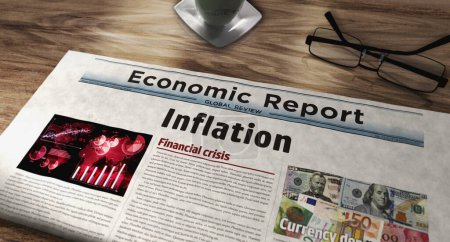 Inflation Wirtschaft Krise Preise steigen täglich Zeitung auf den Tisch. Schlagzeilen Nachrichten abstraktes Konzept 3D Illustration.