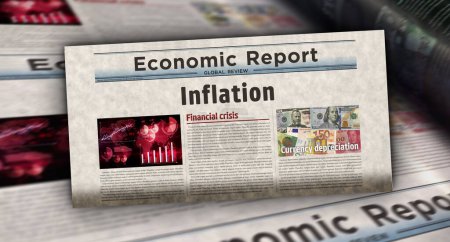 Les prix de crise de l'économie de l'inflation augmentent les nouvelles vintage et l'impression de journaux. Concept abstrait rétro gros titres Illustration 3D.