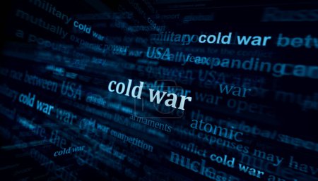 Der Kalte Krieg und das Wettrüsten machen Schlagzeilen in den internationalen Medien. Abstraktes Konzept von Nachrichtentiteln auf Rauschdisplays. TV-Panne Effekt 3D-Illustration.