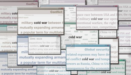Der Kalte Krieg und das Wettrüsten machen Schlagzeilen in den internationalen Medien. Abstraktes Konzept von Nachrichtentiteln auf Rauschdisplays. TV-Panne Effekt 3D-Illustration.