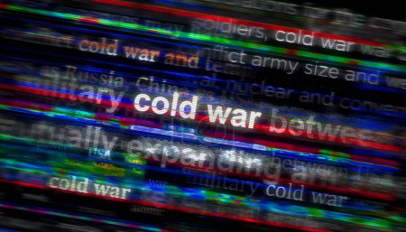 La guerre froide et la course aux armements font la une des médias internationaux. Concept abstrait de titres de nouvelles sur les écrans de bruit. Effet de pépin TV Illustration 3D.