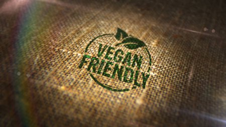 Vegano sello amistoso impreso en el saco de lino. Concepto de comida orgánica vegetariana.