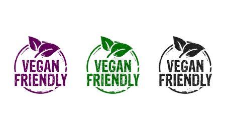 Vegano amigable sellos iconos en pocas versiones de color. Vegetariano concepto de alimentos orgánicos 3D representación ilustración.