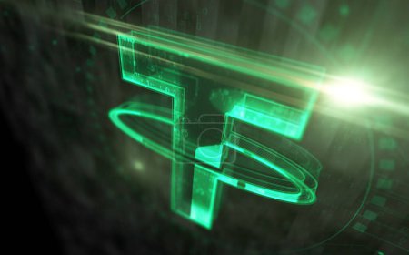 Tether USDT stablecoin cryptocurrency digital dollar symbol digital concept. Network, cyber technology sign and computer background abstract icon 3d illustration.