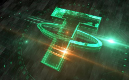 Tether USDT stablecoin cryptocurrency digital dollar symbol digital concept. Network, cyber technology sign and computer background abstract icon 3d illustration.