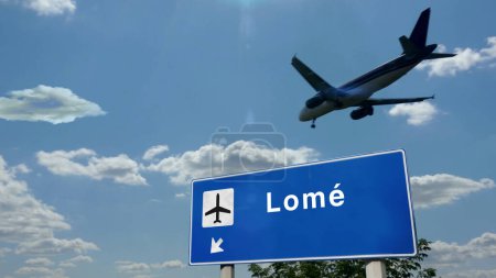Landung eines Flugzeugs in Lome, Togo. Ankunft in der Stadt mit Hinweisschild zum internationalen Flughafen und blauem Himmel. Reise-, Reise- und Transportkonzept 3D-Illustration.
