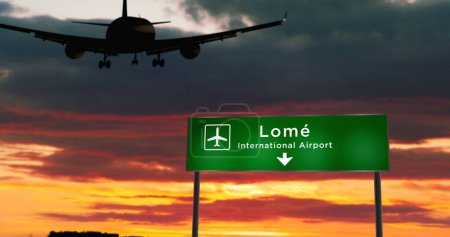 Landung eines Flugzeugs in Lome, Togo. Ankunft in der Stadt mit Hinweisschild zum Flughafen und Sonnenuntergang im Hintergrund. Reise- und Transportkonzept 3D-Illustration.