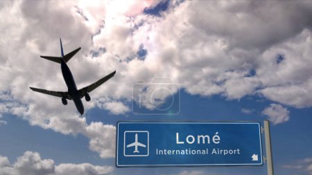 Landung eines Flugzeugs in Lome, Togo. Ankunft in der Stadt mit Hinweisschild zum internationalen Flughafen und blauem Himmel. Reise-, Reise- und Transportkonzept 3D-Illustration.