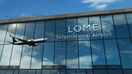 Aviones aterrizando en Lomé, ilustración de representación 3D de Togo. Llegada a la ciudad con la terminal del aeropuerto de cristal y reflejo del avión a reacción. Viajes, negocios, turismo y transporte.