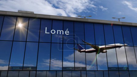 Landung eines Flugzeugs in Lome, Togo 3D-Darstellung. Ankunft in der Stadt mit dem gläsernen Flughafenterminal und dem Spiegelbild eines Düsenflugzeugs. Reisen, Unternehmen, Tourismus und Transport.