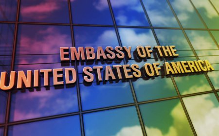 Embassy of the United States of America glass building concept. US diplomatic office symbol on front facade 3d illustration.
