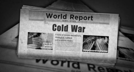 Der Kalte Krieg und das Wettrüsten politische Konflikte Vintage News und Zeitungsdruck. Abstraktes Konzept Retro-Schlagzeilen 3D-Illustration.