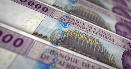 Zentralafrikanischer CFA-Franc Geld Kamerun Tschad Kongo Gabun Packung 3d Illustration. 10000 XAF Banknotenbündel stapeln sich. Konzept von Finanzen, Bargeld, Wirtschaftskrise, Wirtschaft, Rezession, Bank und Schulden.