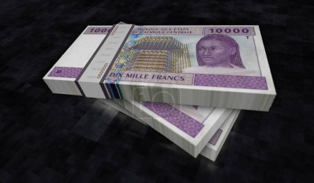 Zentralafrikanischer CFA-Franc Geld Kamerun Tschad Kongo Gabun Packung 3d Illustration. 10000 XAF Banknotenbündel stapeln sich. Finanz-, Wirtschafts-, Unternehmens-, Banken-, Steuer- und Schuldenkonzept.