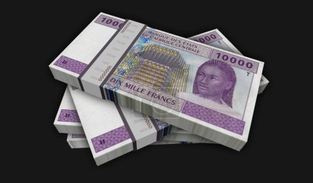 Franco CFA de África Central dinero Camerún Chad Congo Gabón paquete 3d ilustración. 10000 paquetes de billetes XAF. Concepto de finanzas, economía, negocios, banca, impuestos y deuda.