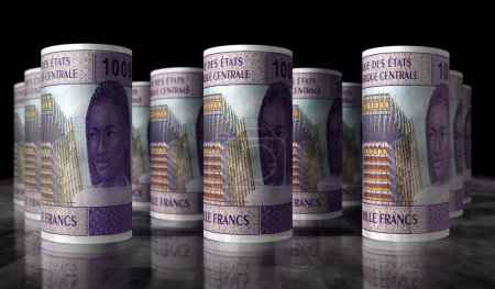 Central African CFA Franc money Cameroon Chad Congo Gabon pack 3d illustration. 10000 XAF banknote rolls. Concept of finance, economy, business, bank, tax and debt.