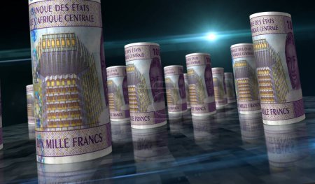 Franco CFA de África Central dinero Camerún Chad Congo Gabón paquete 3d ilustración. 10000 rollos de billetes XAF. Concepto de finanzas, economía, negocios, banca, impuestos y deuda.