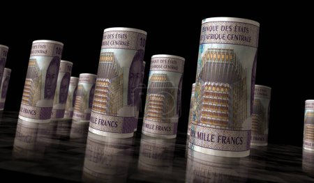 Central African CFA Franc money Cameroon Chad Congo Gabon pack 3d illustration. 10000 XAF banknote rolls. Concept of finance, economy, business, bank, tax and debt.