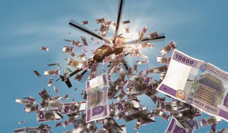 Central African CFA Franc money Cameroon Chad Congo Gabon banknotes helicopter dropping XOF notes abstract 3d concept of inflation, money printing and quantitative easing illustration.