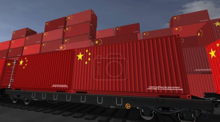 China exporta producción e importa contenedores en vagones de carga. Concepto de negocio del transporte ferroviario y el transporte marítimo con una bandera china ilustración 3D.