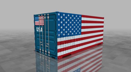 EE.UU. exportación producción e importación de contenedores de carga en concepto de negocio fila. Bandera americana caja de envío industrial 3d ilustración.