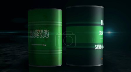 Saudi Arabia oil crude petroleum fuel barrels in row concept. Saudi Arabian petrol business and fuel extraction industrial containers 3d illustration.