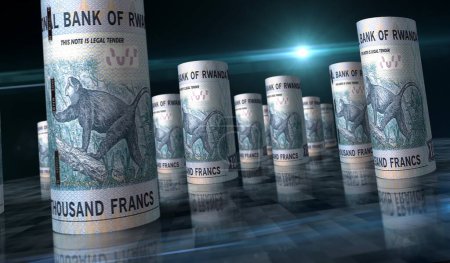 Ruanda money Ruanda Francs money pack 3D Illustration. 1000 RWF-Banknotenbündel stapeln sich. Konzept von Finanzen, Bargeld, Wirtschaftskrise, Unternehmenserfolg, Rezession, Banken, Steuern und Schulden.