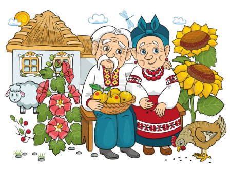 Dibujos animados del abuelo y la abuela. Vector de personas. La historia de la gallina y el huevo de oro. Folklore ucraniano. Ilustración Ucrania
