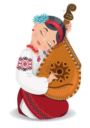 A girl plays the bandura. Cartoon girl. Beautiful girl vector. Ukrainian folklore picture