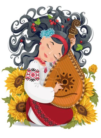 Beautiful girl vector. Musician cartoon. Ukrainian folklore. Ukrainian girl plays the bandura.